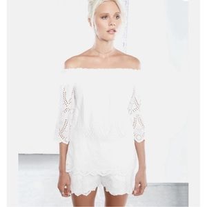 Fifteen Twenty Women Sz S White Eyelet Lace Off the Shoulder Top Blouse Smocked